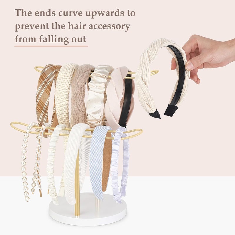 Dahey Headband Holder Organizer Metal 2-Tier Hair Hoop Display Stand Headband Organizer Storage Hair Ropes Accessories Bracelets Bangles Bedroom College Dorm Decor for Girls Women, Gold - Image 3